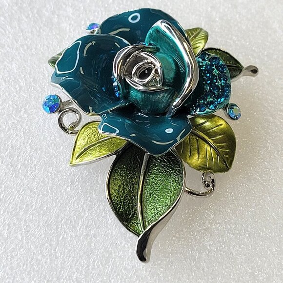 Blue Rose Enamelled Rhinestone Pendant and Brooch - Picture 1 of 10
